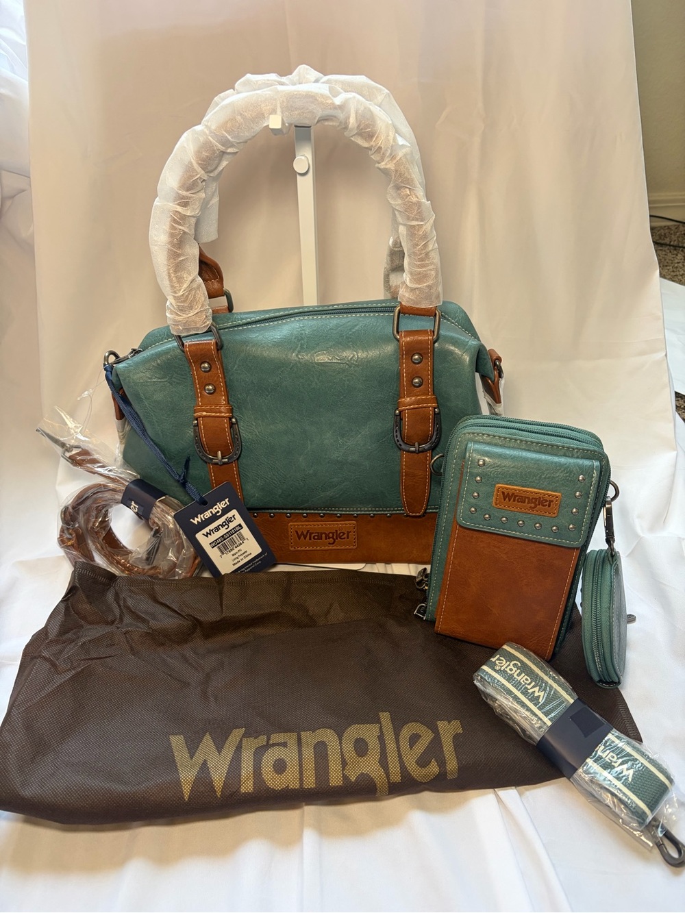 Wrangler Teal and Brown Women’s Shoulder Satchel with Matching Crossbody Wallet